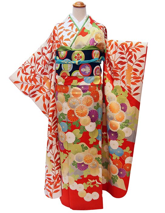 RF-147オレンジ菊花振袖に川島織物袋帯の格上コーデイネート振袖 